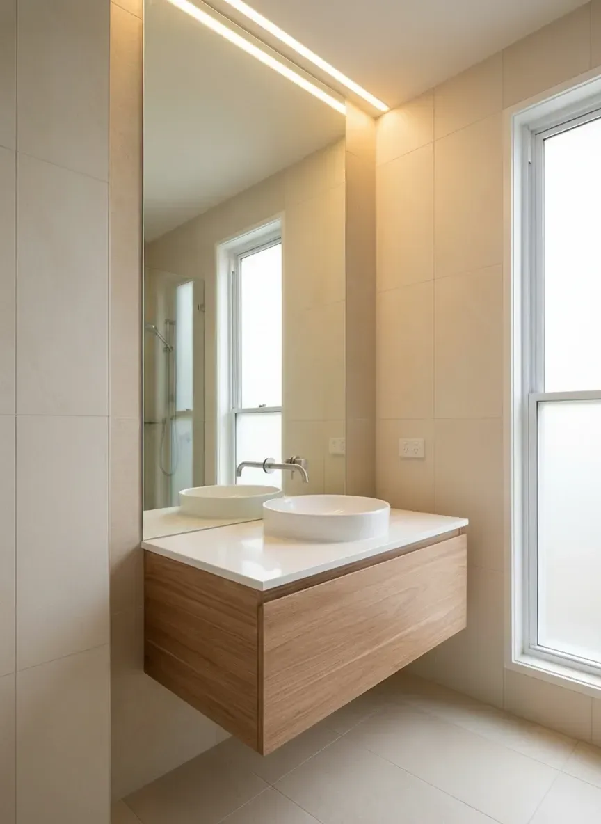 Frameless vanity mirror with polished edges installed in a modern Ascot bathroom