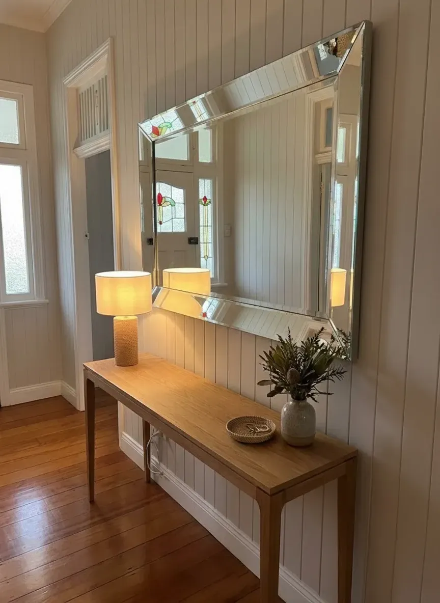 Bevelled edge mirror detail showing light-catching angled finish for Ascot heritage interiors.