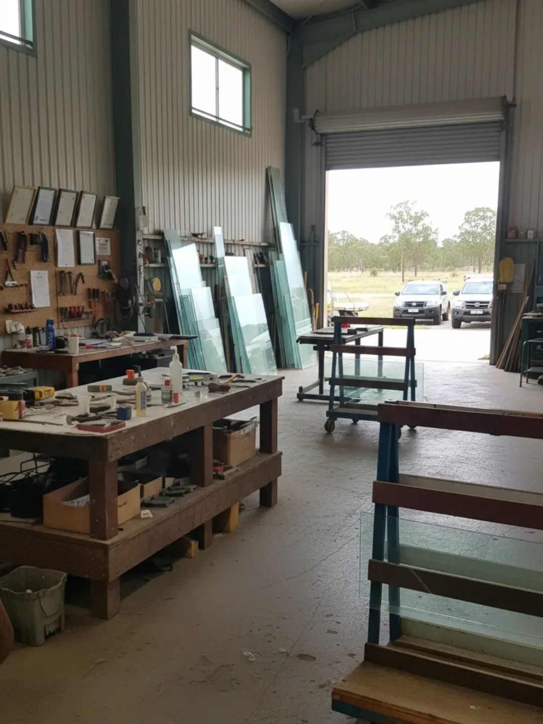 Glazier workshop setup showing safety gear and training environment for qualified Ascot glazing team