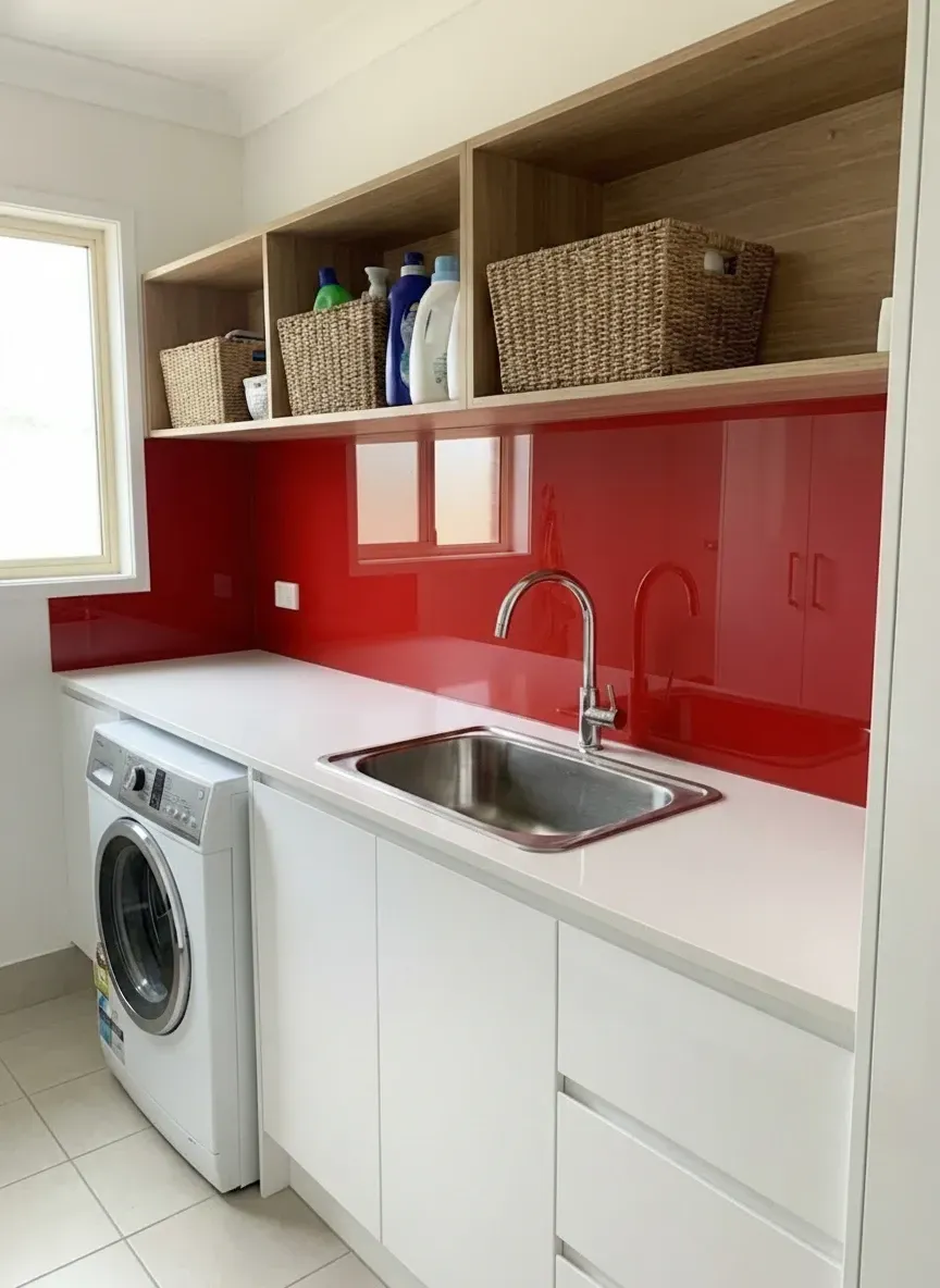 laundry glass splashback behind sink in Ascot home utility room