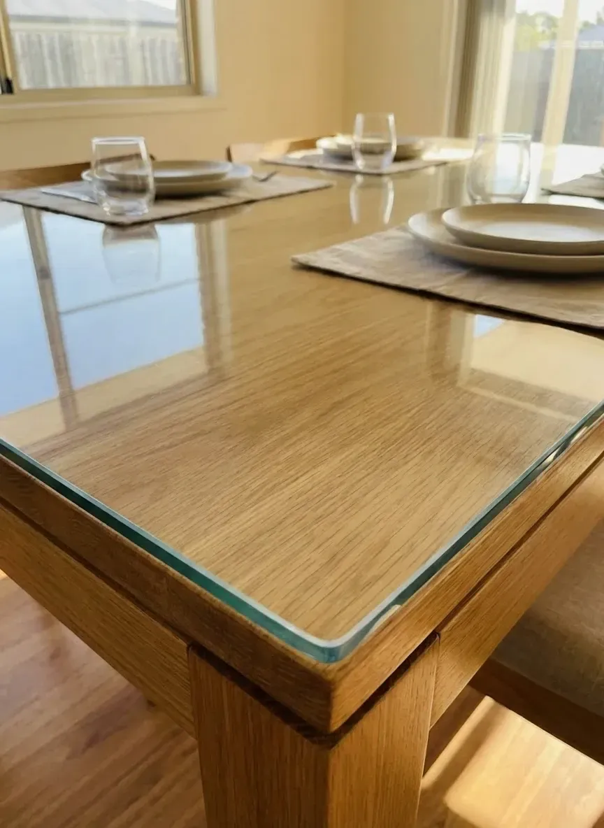 Custom glass coffee table protector in Ascot with flat polished edges for safe family use.
