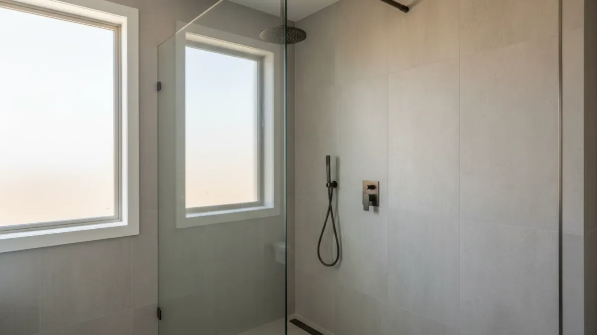 Custom shower screen glass panel in Ascot cut to size and installed with A-grade toughened safety glass.