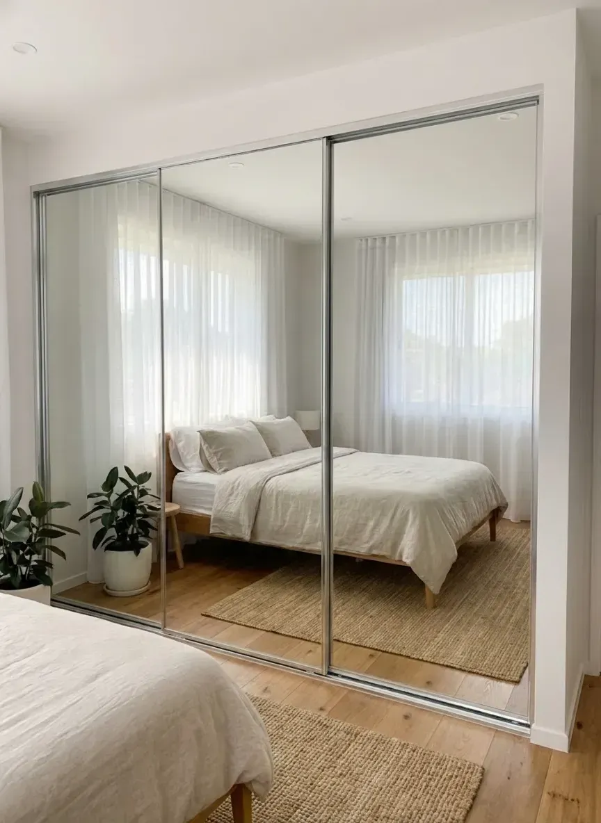 Full-height frameless mirrored wardrobe doors installed in an Ascot bedroom with smooth tracks.