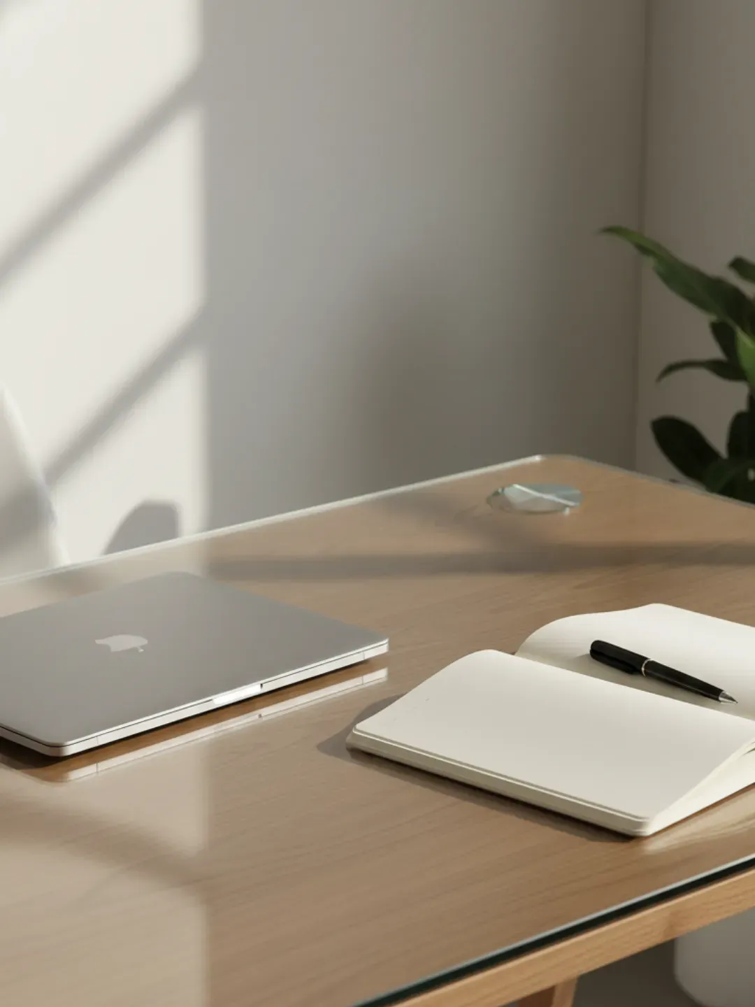 Custom desk glass top in Ascot with clean cut-out for cable management and polished edges.