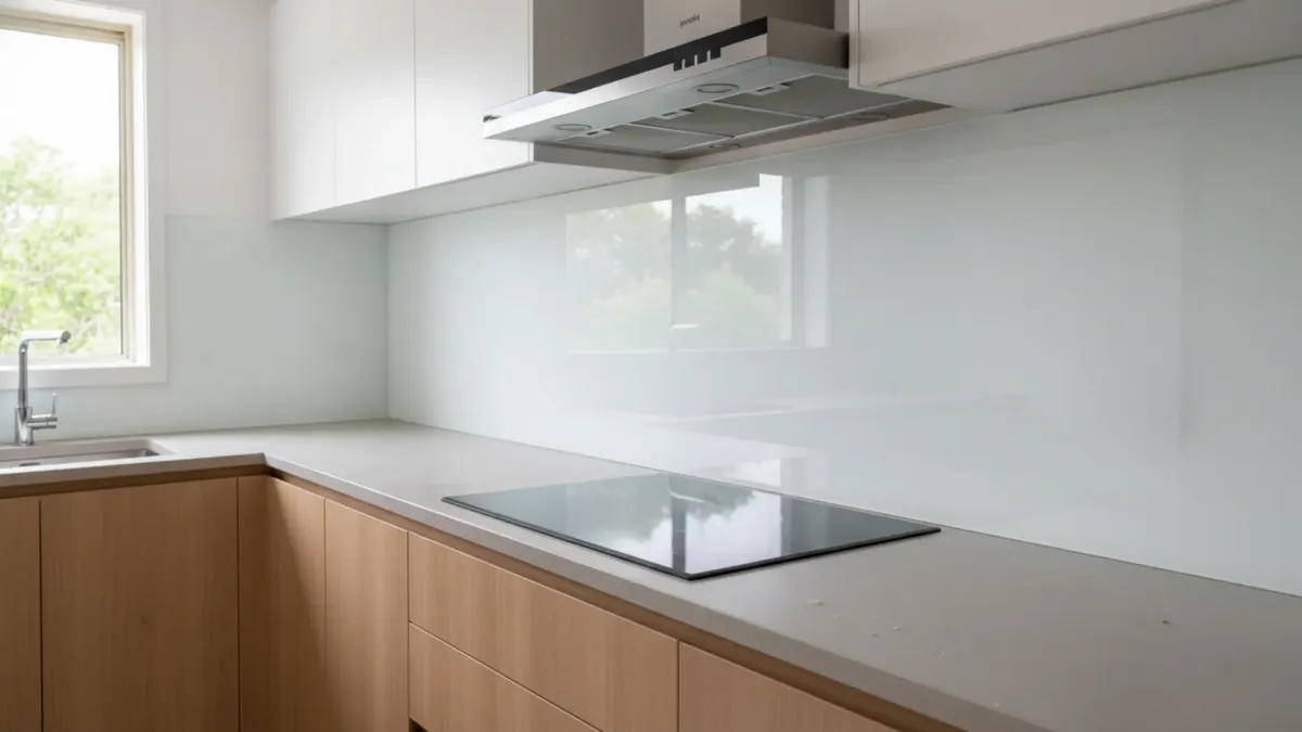 Glass splashback cut to size in Ascot with precise power point cut-outs and seamless modern finish.