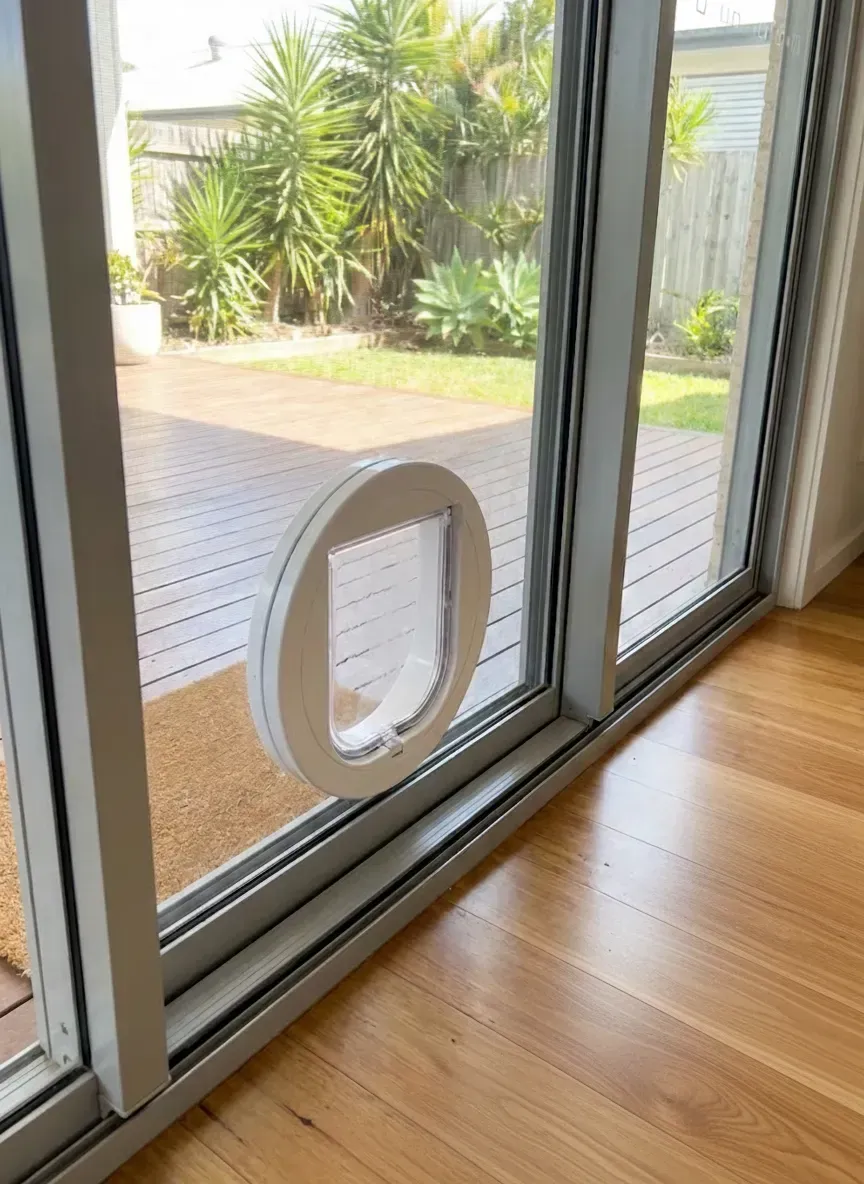 Compact cat flap installed neatly into a glass panel in Ascot with a slim, discreet profile and lock option.