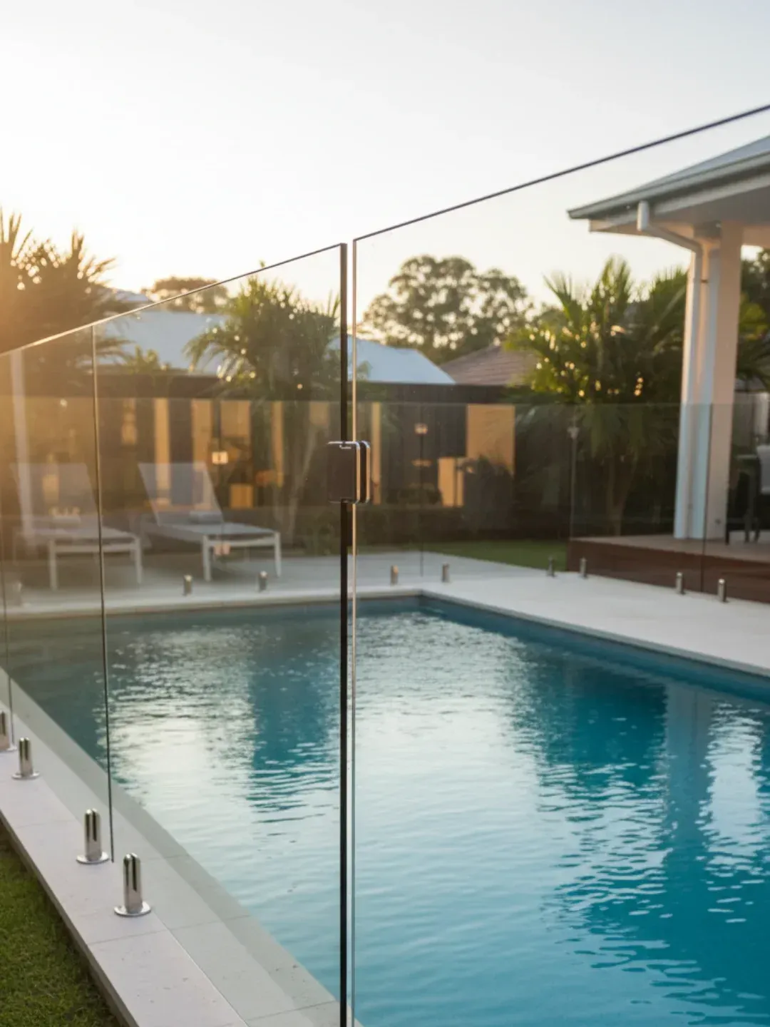 Frameless glass pool fencing system Ascot using 12mm toughened safety glass for clear visibility and pool safety compliance.