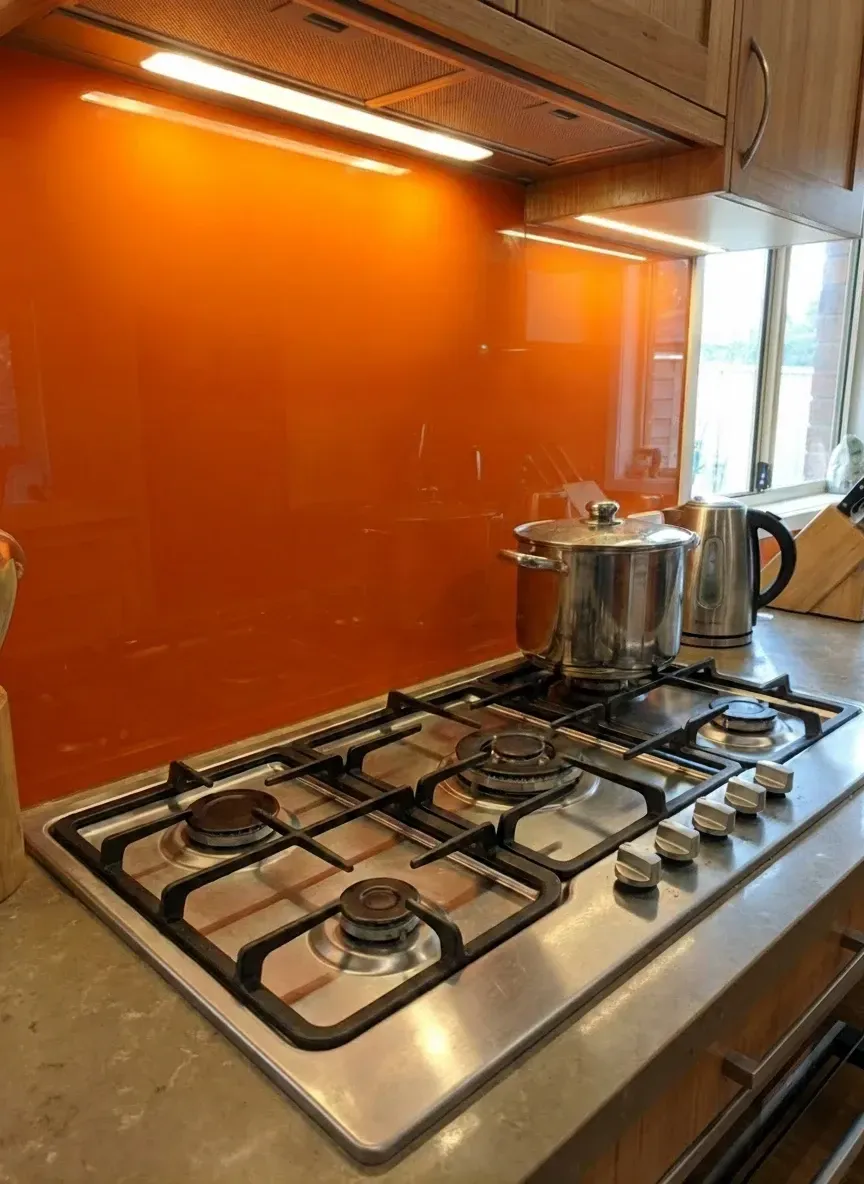coloured glass splashback behind gas cooktop in Ascot home kitchen